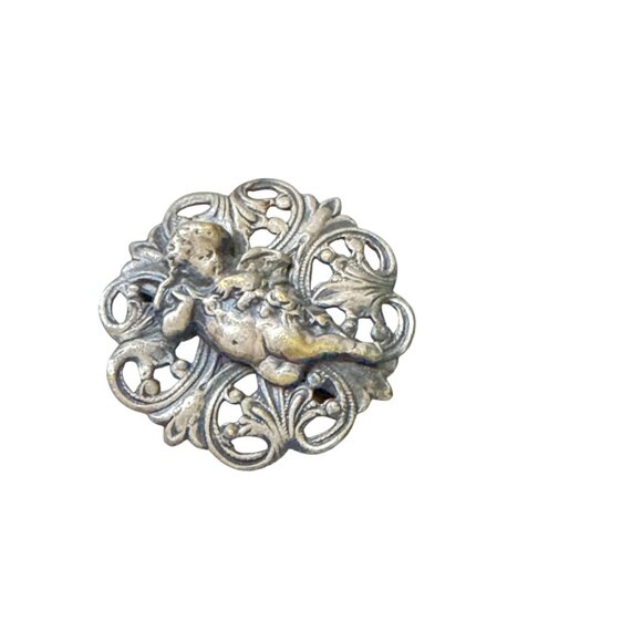 Victorian Cherub Belt Buckle Half Ornate Angel Scroll Metal Fastener Antique Jew - Picture 8 of 11
